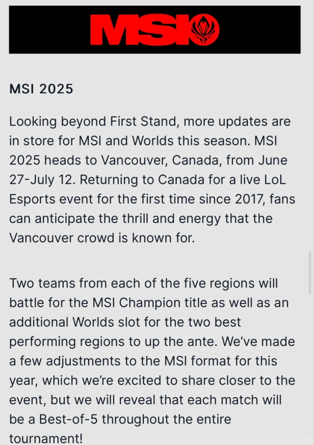 🇨🇦LOL MSI 2025确认在温哥华举办！