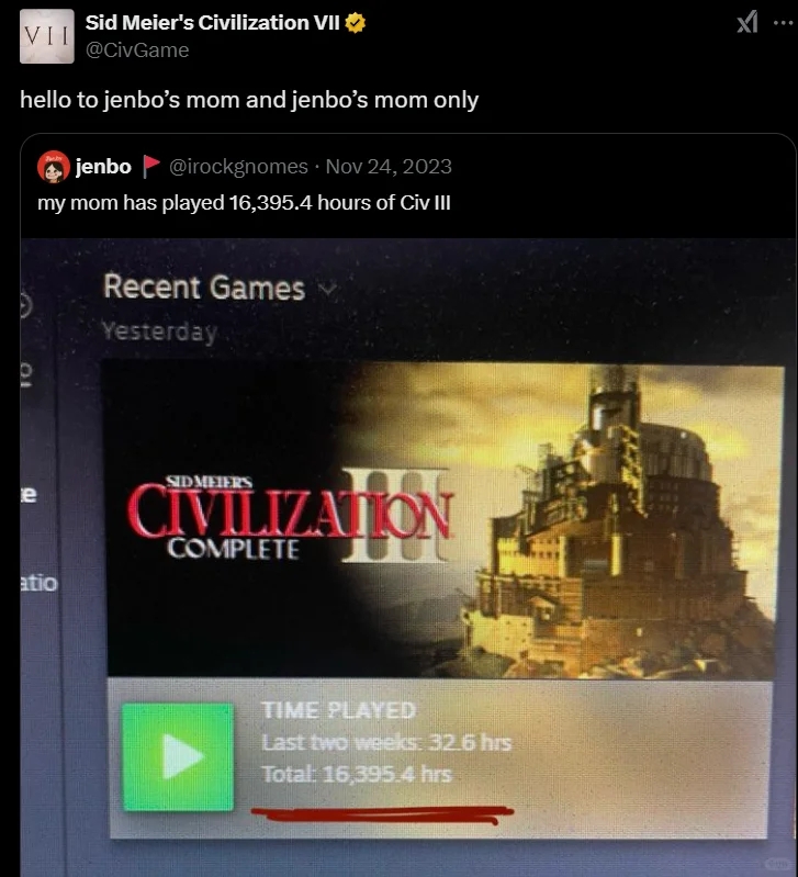 玩家晒其母亲玩《文明3》突破16395小时❗️