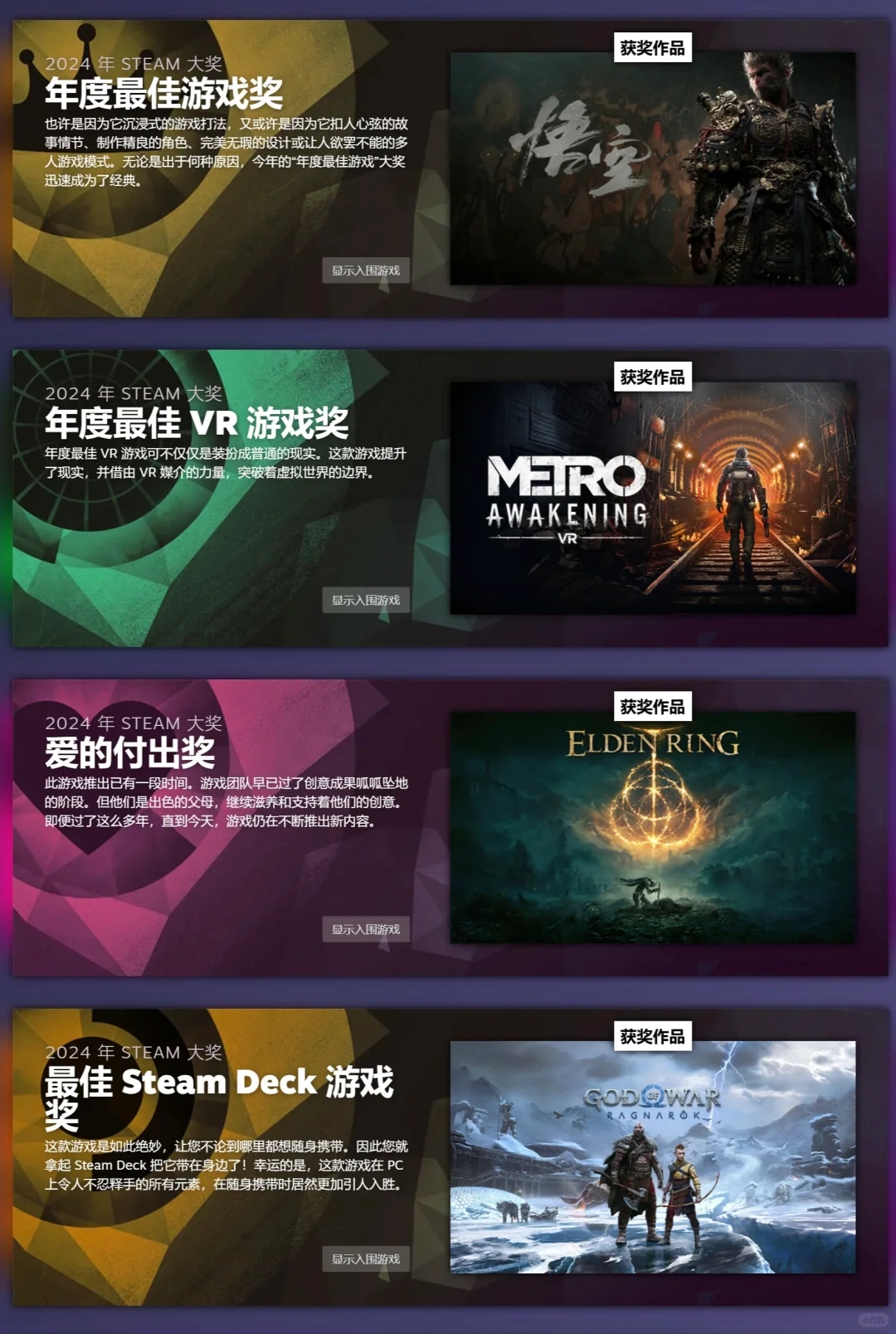 《黑神话 悟空》斩获Steam平台2024年度游戏！！