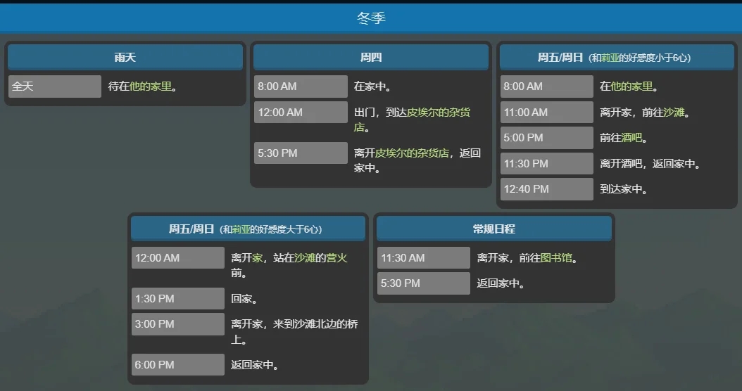 星露谷艾利欧特喜好与行程